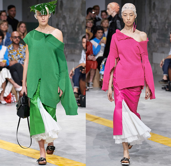 Marni 2020 Spring Summer Womens Runway Catwalk Looks Collection - Milano Moda Donna Collezione Milan Fashion Week Italy - Upcycled Textiles Organic Cotton Recuperated Leather Satin Long Sleeve Blouse Apron Dress Draped Tropical Carnival Plants Leaves Foliage Flowers Floral Painting One Shoulder Frayed Raw Hem Deconstructed Tied Knot Crop Top Cinch Knit Sweater Coat Skirt Headwear Gown Knit Embroidery Crochet Mesh Fishnet Flip-flops Handbag Tote
