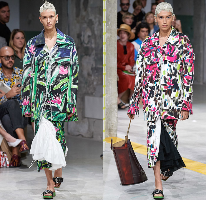 Marni 2020 Spring Summer Womens Runway Catwalk Looks Collection - Milano Moda Donna Collezione Milan Fashion Week Italy - Upcycled Textiles Organic Cotton Recuperated Leather Satin Long Sleeve Blouse Apron Dress Draped Tropical Carnival Plants Leaves Foliage Flowers Floral Painting One Shoulder Frayed Raw Hem Deconstructed Tied Knot Crop Top Cinch Knit Sweater Coat Skirt Headwear Gown Knit Embroidery Crochet Mesh Fishnet Flip-flops Handbag Tote