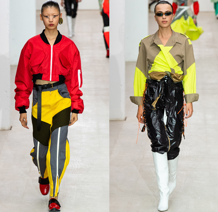 Matty Bovan 2020 Spring Summer Womens Runway Catwalk Looks Collection - London Fashion Week Collections UK - Hope Fear Rectangular Lens Layers Patchwork Crop Top Bomber Jacket Tied Knot Hypnotic Geometric Flowers Floral Leg O'Mutton Poufy Shoulders Cutout Sleeves Halter Top Noodle Strap Vest Oversized Funnelneck Padded Board Plank Structural Tapered Biker Pants Chaps Lace Up Strings Rope Ruffles Tutu Tiered Rags Skirt Denim Jeans Diamond Fanny Pack Bum Bag Waffle Necklace Boots Sneakers