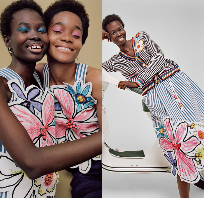 Mira Mikati 2020 Spring Summer Womens Lookbook Presentation - Mode à Paris Fashion Week France - South Africa Colorful Crayon Drawings Tribal Ethnic Geometric Flowers Floral Stripes Gingham Plaid Check Cardigan Knit Weave Crochet Beads Fringes Bedazzled Embroidery Shirtdress Suede Straps Cutout Shoulders Onesie Jumpsuit Coveralls Maxi Dress Pantsuit Blazer Shorts Smiley Face Ball Bags