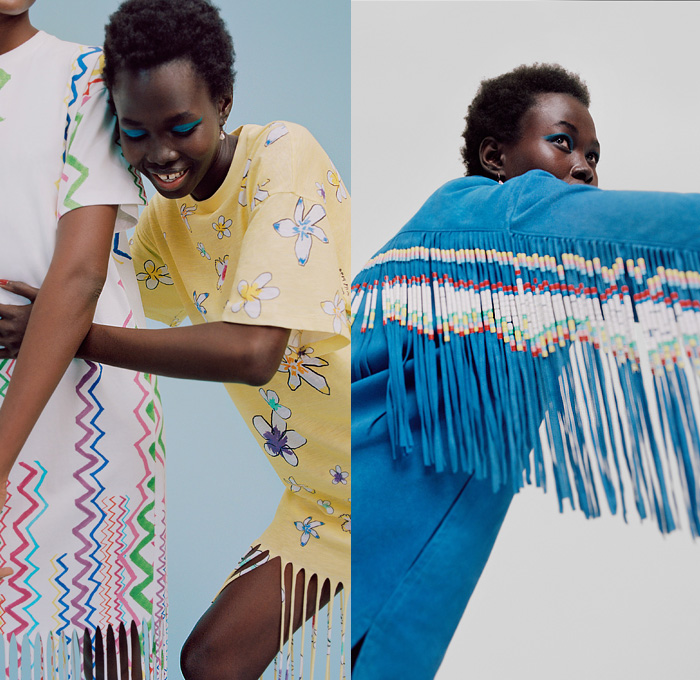 Mira Mikati 2020 Spring Summer Womens Lookbook Presentation - Mode à Paris Fashion Week France - South Africa Colorful Crayon Drawings Tribal Ethnic Geometric Flowers Floral Stripes Gingham Plaid Check Cardigan Knit Weave Crochet Beads Fringes Bedazzled Embroidery Shirtdress Suede Straps Cutout Shoulders Onesie Jumpsuit Coveralls Maxi Dress Pantsuit Blazer Shorts Smiley Face Ball Bags