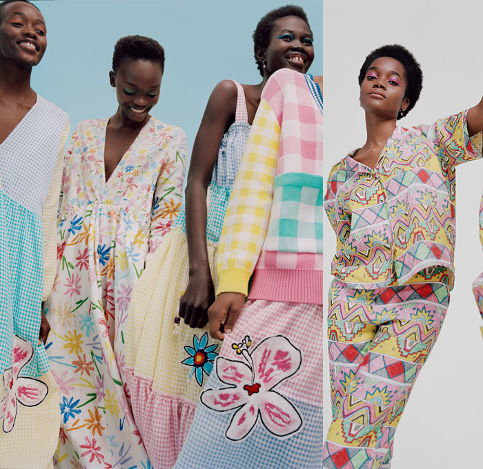 Mira Mikati 2020 Spring Summer Womens Lookbook Presentation - Mode à Paris Fashion Week France - South Africa Colorful Crayon Drawings Tribal Ethnic Geometric Flowers Floral Stripes Gingham Plaid Check Cardigan Knit Weave Crochet Beads Fringes Bedazzled Embroidery Shirtdress Suede Straps Cutout Shoulders Onesie Jumpsuit Coveralls Maxi Dress Pantsuit Blazer Shorts Smiley Face Ball Bags