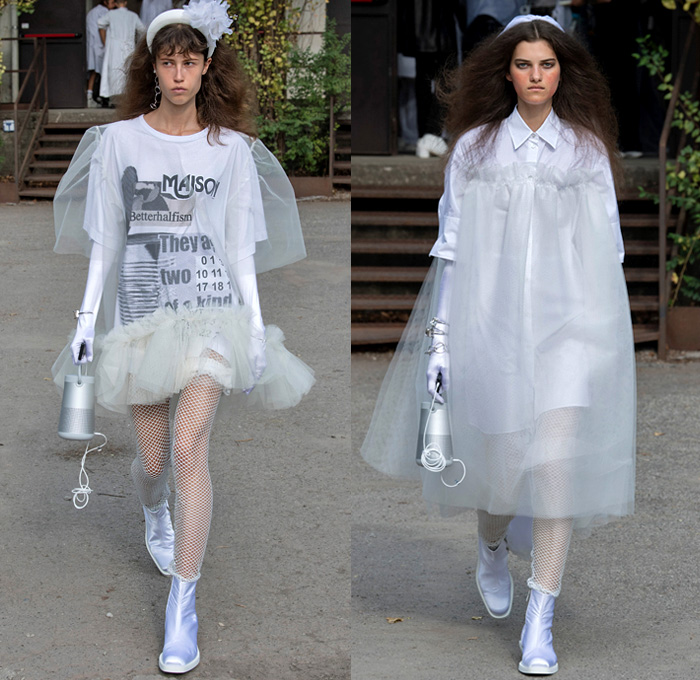 MM6 Maison Margiela 2020 Spring Summer Womens Runway Catwalk Looks Collection - Milano Moda Donna Milan Fashion Week Italy - John Lennon Yoko Ono Betterhalfism Patchwork Painted Denim Jeans KImono Blazer Satin Opera Gloves Sheer Tulle Wedding Veil Strapless Babydoll Dress Sleeveless Vest Tabard Cape Shirtdress Ribbon Hoodie Sweatshirt Wide Leg Pants Tiered Tutu Skirt Fishnet Stockings Tights Ruffles Portable Speaker Sneakers Boots Keys Dog Tag Canister Bag Roses Pearls Sandals