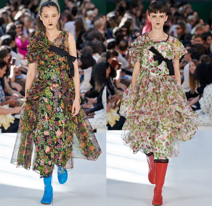 Molly Goddard 2020 Spring Summer Womens Runway Catwalk Looks Collection - London Fashion Week Collections UK - Romanticism Voluminous Ruffles Frills Folds Sheer Chiffon Tulle Organza Trompe L'oeil Flowers Floral Botanical Print Prairie Countryside Dress Gown High-Low Hem Strings Bands Ribbons Cinch Pleats Knit Sweater Cardigan Trapezoid Neck Tutu Skirt Leg O'Mutton Sleeves Strapless Raw Dry Denim Jeans Boots Flats Handbag Crossbody Bag