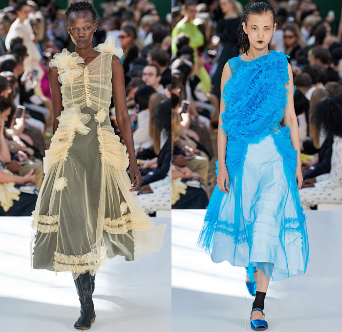 Molly Goddard 2020 Spring Summer Womens Runway Catwalk Looks Collection - London Fashion Week Collections UK - Romanticism Voluminous Ruffles Frills Folds Sheer Chiffon Tulle Organza Trompe L'oeil Flowers Floral Botanical Print Prairie Countryside Dress Gown High-Low Hem Strings Bands Ribbons Cinch Pleats Knit Sweater Cardigan Trapezoid Neck Tutu Skirt Leg O'Mutton Sleeves Strapless Raw Dry Denim Jeans Boots Flats Handbag Crossbody Bag