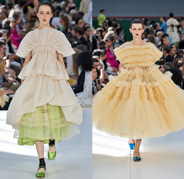 Molly Goddard 2020 Spring Summer Womens Runway Catwalk Looks Collection - London Fashion Week Collections UK - Romanticism Voluminous Ruffles Frills Folds Sheer Chiffon Tulle Organza Trompe L'oeil Flowers Floral Botanical Print Prairie Countryside Dress Gown High-Low Hem Strings Bands Ribbons Cinch Pleats Knit Sweater Cardigan Trapezoid Neck Tutu Skirt Leg O'Mutton Sleeves Strapless Raw Dry Denim Jeans Boots Flats Handbag Crossbody Bag