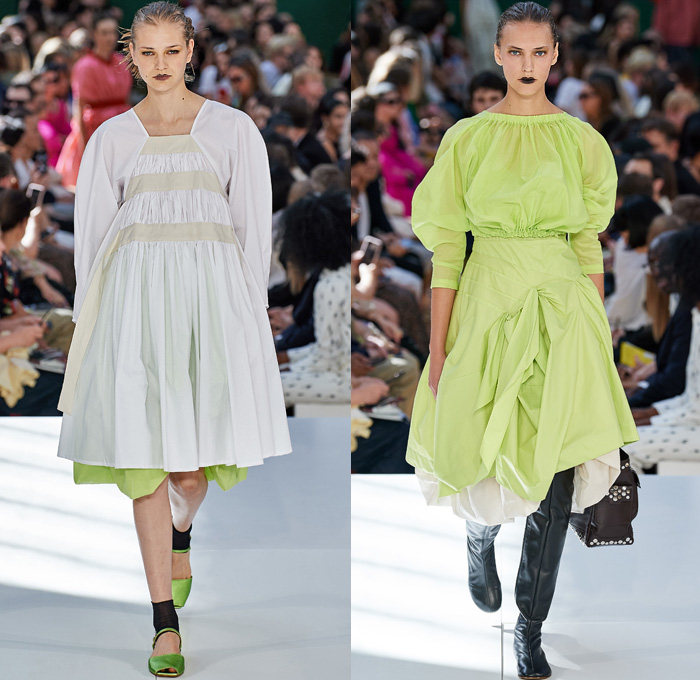 Molly Goddard 2020 Spring Summer Womens Runway Catwalk Looks Collection - London Fashion Week Collections UK - Romanticism Voluminous Ruffles Frills Folds Sheer Chiffon Tulle Organza Trompe L'oeil Flowers Floral Botanical Print Prairie Countryside Dress Gown High-Low Hem Strings Bands Ribbons Cinch Pleats Knit Sweater Cardigan Trapezoid Neck Tutu Skirt Leg O'Mutton Sleeves Strapless Raw Dry Denim Jeans Boots Flats Handbag Crossbody Bag