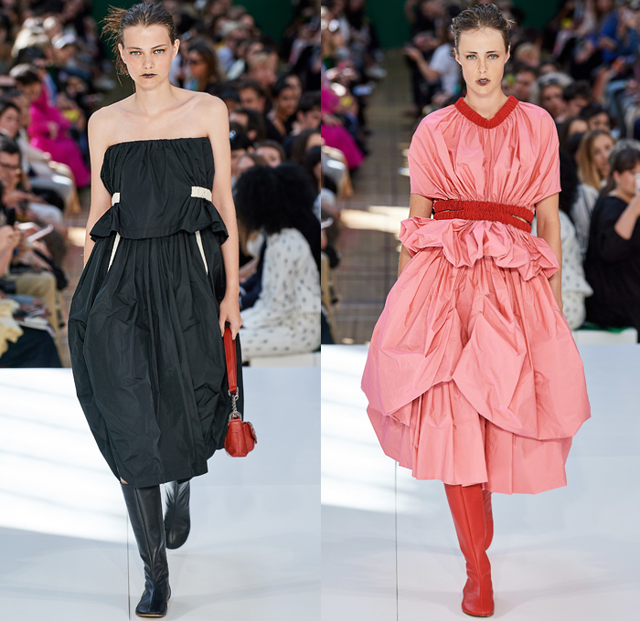 Molly Goddard 2020 Spring Summer Womens Runway Catwalk Looks Collection - London Fashion Week Collections UK - Romanticism Voluminous Ruffles Frills Folds Sheer Chiffon Tulle Organza Trompe L'oeil Flowers Floral Botanical Print Prairie Countryside Dress Gown High-Low Hem Strings Bands Ribbons Cinch Pleats Knit Sweater Cardigan Trapezoid Neck Tutu Skirt Leg O'Mutton Sleeves Strapless Raw Dry Denim Jeans Boots Flats Handbag Crossbody Bag