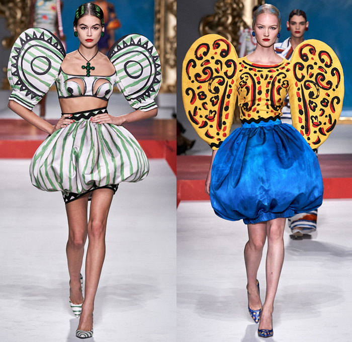 Moschino 2020 Spring Summer Womens Runway Catwalk Looks Collection Jeremy Scott - Milano Moda Donna Collezione Milan Fashion Week Italy - Pablo Picasso Art Paintings Geometric Stripes Flowers Polka Dots Bullfighter Torera Matador Mouse Ears Leg O'Mutton Shoulders Poufy Sleeves Crop Top Trompe L'oeil Bass Violin Guitar Frame Ruffles Opera Gloves Strapless Asymmetrical Dress Skeleton Gown Bedazzled Sequins Gems Tulle Veil Puff Ball Skirt Swimwear Velvet Mask Pantsuit Hand Bag