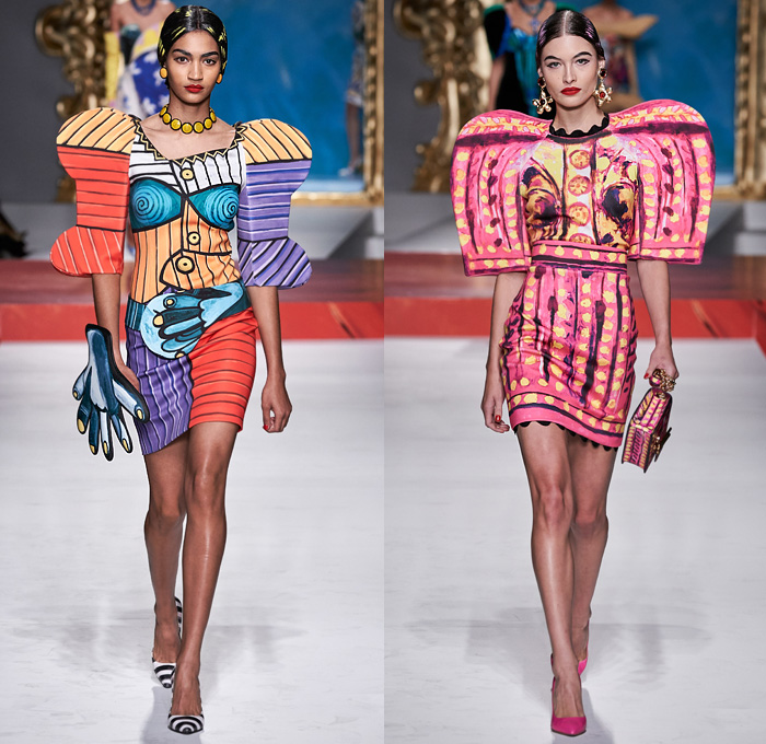 Moschino 2020 Spring Summer Womens Runway Catwalk Looks Collection Jeremy Scott - Milano Moda Donna Collezione Milan Fashion Week Italy - Pablo Picasso Art Paintings Geometric Stripes Flowers Polka Dots Bullfighter Torera Matador Mouse Ears Leg O'Mutton Shoulders Poufy Sleeves Crop Top Trompe L'oeil Bass Violin Guitar Frame Ruffles Opera Gloves Strapless Asymmetrical Dress Skeleton Gown Bedazzled Sequins Gems Tulle Veil Puff Ball Skirt Swimwear Velvet Mask Pantsuit Hand Bag