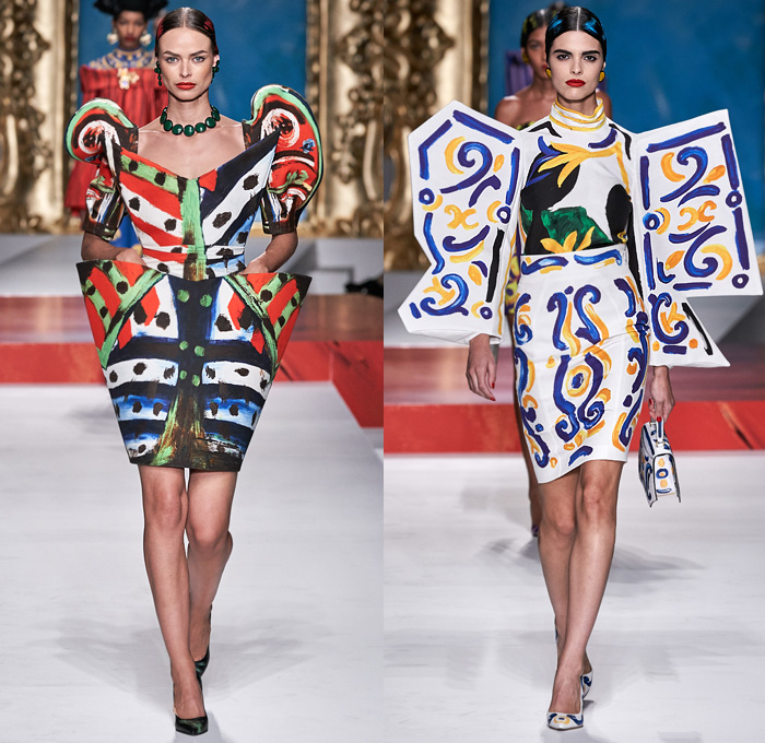 Moschino 2020 Spring Summer Womens Runway Catwalk Looks Collection Jeremy Scott - Milano Moda Donna Collezione Milan Fashion Week Italy - Pablo Picasso Art Paintings Geometric Stripes Flowers Polka Dots Bullfighter Torera Matador Mouse Ears Leg O'Mutton Shoulders Poufy Sleeves Crop Top Trompe L'oeil Bass Violin Guitar Frame Ruffles Opera Gloves Strapless Asymmetrical Dress Skeleton Gown Bedazzled Sequins Gems Tulle Veil Puff Ball Skirt Swimwear Velvet Mask Pantsuit Hand Bag