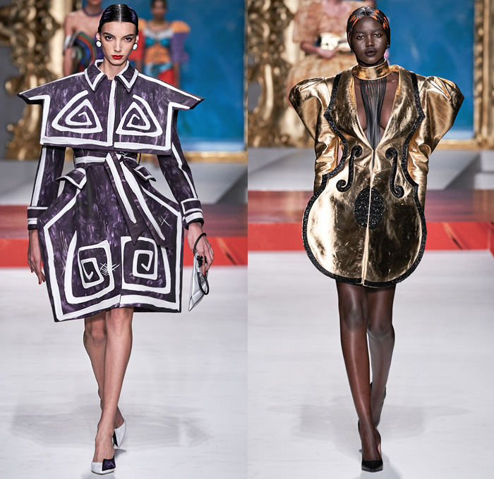 Moschino 2020 Spring Summer Womens Runway Catwalk Looks Collection Jeremy Scott - Milano Moda Donna Collezione Milan Fashion Week Italy - Pablo Picasso Art Paintings Geometric Stripes Flowers Polka Dots Bullfighter Torera Matador Mouse Ears Leg O'Mutton Shoulders Poufy Sleeves Crop Top Trompe L'oeil Bass Violin Guitar Frame Ruffles Opera Gloves Strapless Asymmetrical Dress Skeleton Gown Bedazzled Sequins Gems Tulle Veil Puff Ball Skirt Swimwear Velvet Mask Pantsuit Hand Bag