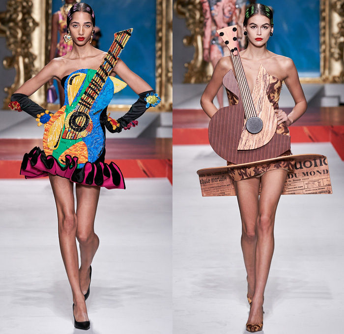 Moschino 2020 Spring Summer Womens Runway Catwalk Looks Collection Jeremy Scott - Milano Moda Donna Collezione Milan Fashion Week Italy - Pablo Picasso Art Paintings Geometric Stripes Flowers Polka Dots Bullfighter Torera Matador Mouse Ears Leg O'Mutton Shoulders Poufy Sleeves Crop Top Trompe L'oeil Bass Violin Guitar Frame Ruffles Opera Gloves Strapless Asymmetrical Dress Skeleton Gown Bedazzled Sequins Gems Tulle Veil Puff Ball Skirt Swimwear Velvet Mask Pantsuit Hand Bag