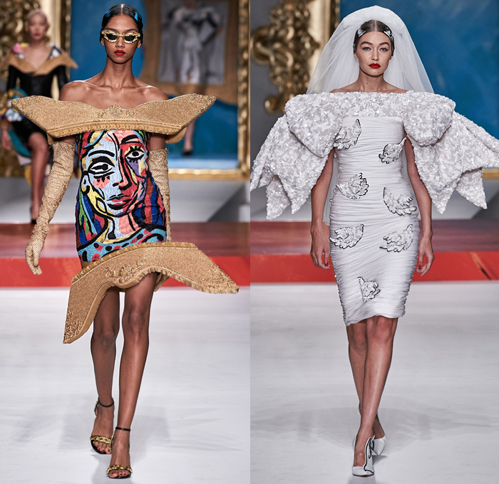 Moschino 2020 Spring Summer Womens Runway Catwalk Looks Collection Jeremy Scott - Milano Moda Donna Collezione Milan Fashion Week Italy - Pablo Picasso Art Paintings Geometric Stripes Flowers Polka Dots Bullfighter Torera Matador Mouse Ears Leg O'Mutton Shoulders Poufy Sleeves Crop Top Trompe L'oeil Bass Violin Guitar Frame Ruffles Opera Gloves Strapless Asymmetrical Dress Skeleton Gown Bedazzled Sequins Gems Tulle Veil Puff Ball Skirt Swimwear Velvet Mask Pantsuit Hand Bag