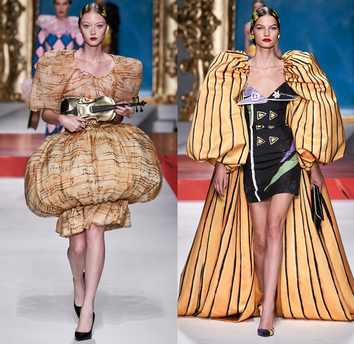 Moschino 2020 Spring Summer Womens Runway Catwalk Looks Collection Jeremy Scott - Milano Moda Donna Collezione Milan Fashion Week Italy - Pablo Picasso Art Paintings Geometric Stripes Flowers Polka Dots Bullfighter Torera Matador Mouse Ears Leg O'Mutton Shoulders Poufy Sleeves Crop Top Trompe L'oeil Bass Violin Guitar Frame Ruffles Opera Gloves Strapless Asymmetrical Dress Skeleton Gown Bedazzled Sequins Gems Tulle Veil Puff Ball Skirt Swimwear Velvet Mask Pantsuit Hand Bag