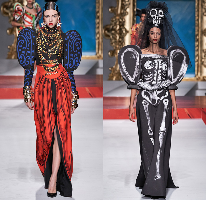 Moschino 2020 Spring Summer Womens Runway Catwalk Looks Collection Jeremy Scott - Milano Moda Donna Collezione Milan Fashion Week Italy - Pablo Picasso Art Paintings Geometric Stripes Flowers Polka Dots Bullfighter Torera Matador Mouse Ears Leg O'Mutton Shoulders Poufy Sleeves Crop Top Trompe L'oeil Bass Violin Guitar Frame Ruffles Opera Gloves Strapless Asymmetrical Dress Skeleton Gown Bedazzled Sequins Gems Tulle Veil Puff Ball Skirt Swimwear Velvet Mask Pantsuit Hand Bag