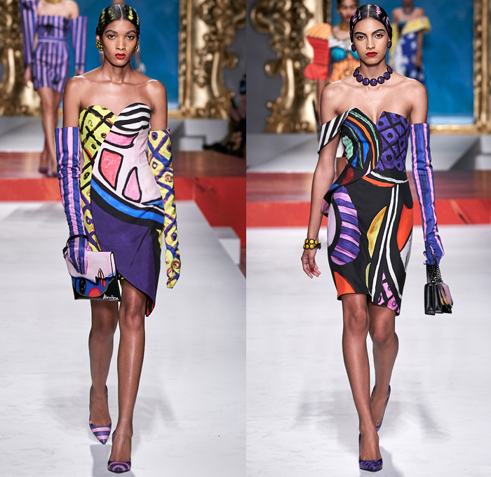 Moschino 2020 Spring Summer Womens Runway Catwalk Looks Collection Jeremy Scott - Milano Moda Donna Collezione Milan Fashion Week Italy - Pablo Picasso Art Paintings Geometric Stripes Flowers Polka Dots Bullfighter Torera Matador Mouse Ears Leg O'Mutton Shoulders Poufy Sleeves Crop Top Trompe L'oeil Bass Violin Guitar Frame Ruffles Opera Gloves Strapless Asymmetrical Dress Skeleton Gown Bedazzled Sequins Gems Tulle Veil Puff Ball Skirt Swimwear Velvet Mask Pantsuit Hand Bag