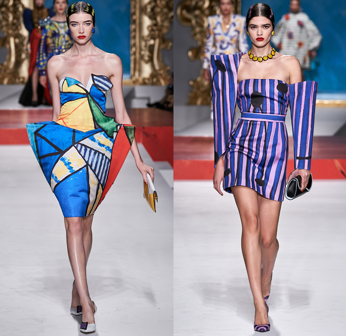 Moschino 2020 Spring Summer Womens Runway Catwalk Looks Collection Jeremy Scott - Milano Moda Donna Collezione Milan Fashion Week Italy - Pablo Picasso Art Paintings Geometric Stripes Flowers Polka Dots Bullfighter Torera Matador Mouse Ears Leg O'Mutton Shoulders Poufy Sleeves Crop Top Trompe L'oeil Bass Violin Guitar Frame Ruffles Opera Gloves Strapless Asymmetrical Dress Skeleton Gown Bedazzled Sequins Gems Tulle Veil Puff Ball Skirt Swimwear Velvet Mask Pantsuit Hand Bag