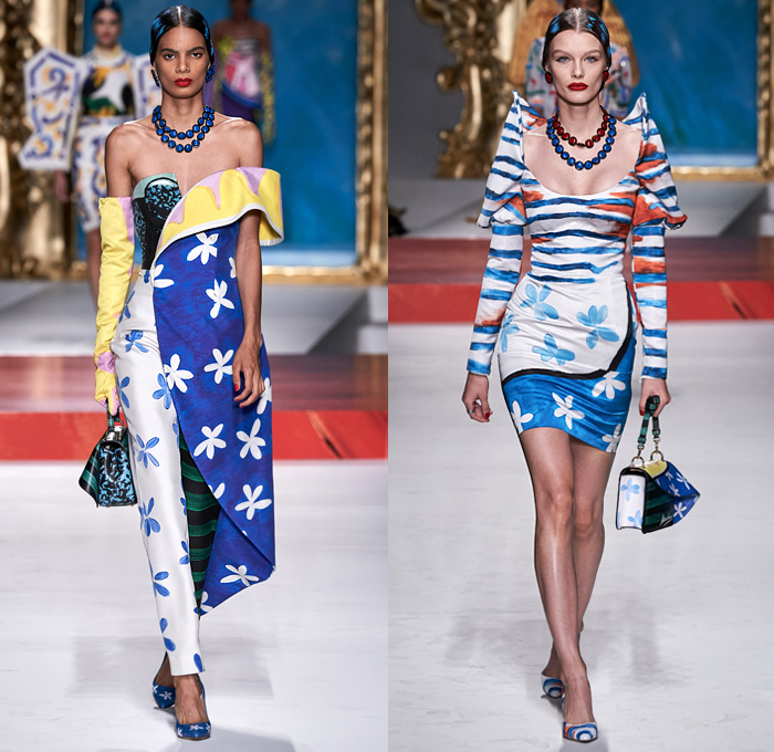 Moschino 2020 Spring Summer Womens Runway Catwalk Looks Collection Jeremy Scott - Milano Moda Donna Collezione Milan Fashion Week Italy - Pablo Picasso Art Paintings Geometric Stripes Flowers Polka Dots Bullfighter Torera Matador Mouse Ears Leg O'Mutton Shoulders Poufy Sleeves Crop Top Trompe L'oeil Bass Violin Guitar Frame Ruffles Opera Gloves Strapless Asymmetrical Dress Skeleton Gown Bedazzled Sequins Gems Tulle Veil Puff Ball Skirt Swimwear Velvet Mask Pantsuit Hand Bag