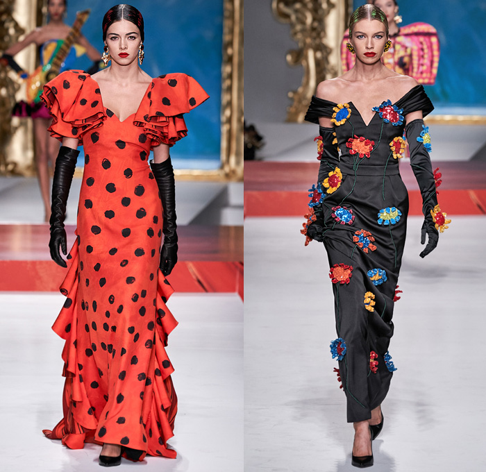 Moschino 2020 Spring Summer Womens Runway Catwalk Looks Collection Jeremy Scott - Milano Moda Donna Collezione Milan Fashion Week Italy - Pablo Picasso Art Paintings Geometric Stripes Flowers Polka Dots Bullfighter Torera Matador Mouse Ears Leg O'Mutton Shoulders Poufy Sleeves Crop Top Trompe L'oeil Bass Violin Guitar Frame Ruffles Opera Gloves Strapless Asymmetrical Dress Skeleton Gown Bedazzled Sequins Gems Tulle Veil Puff Ball Skirt Swimwear Velvet Mask Pantsuit Hand Bag