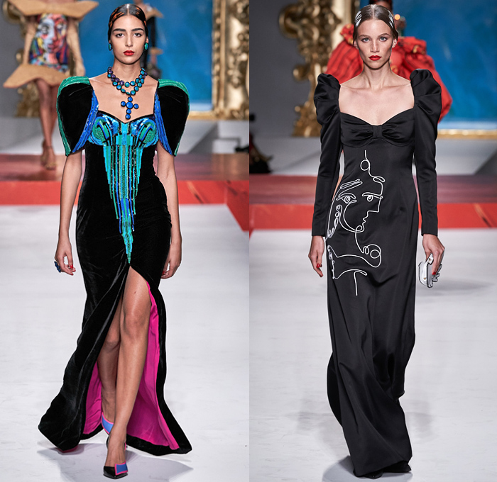 Moschino 2020 Spring Summer Womens Runway Catwalk Looks Collection Jeremy Scott - Milano Moda Donna Collezione Milan Fashion Week Italy - Pablo Picasso Art Paintings Geometric Stripes Flowers Polka Dots Bullfighter Torera Matador Mouse Ears Leg O'Mutton Shoulders Poufy Sleeves Crop Top Trompe L'oeil Bass Violin Guitar Frame Ruffles Opera Gloves Strapless Asymmetrical Dress Skeleton Gown Bedazzled Sequins Gems Tulle Veil Puff Ball Skirt Swimwear Velvet Mask Pantsuit Hand Bag