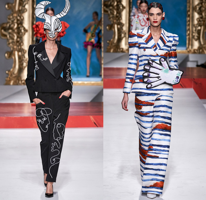 Moschino 2020 Spring Summer Womens Runway Catwalk Looks Collection Jeremy Scott - Milano Moda Donna Collezione Milan Fashion Week Italy - Pablo Picasso Art Paintings Geometric Stripes Flowers Polka Dots Bullfighter Torera Matador Mouse Ears Leg O'Mutton Shoulders Poufy Sleeves Crop Top Trompe L'oeil Bass Violin Guitar Frame Ruffles Opera Gloves Strapless Asymmetrical Dress Skeleton Gown Bedazzled Sequins Gems Tulle Veil Puff Ball Skirt Swimwear Velvet Mask Pantsuit Hand Bag