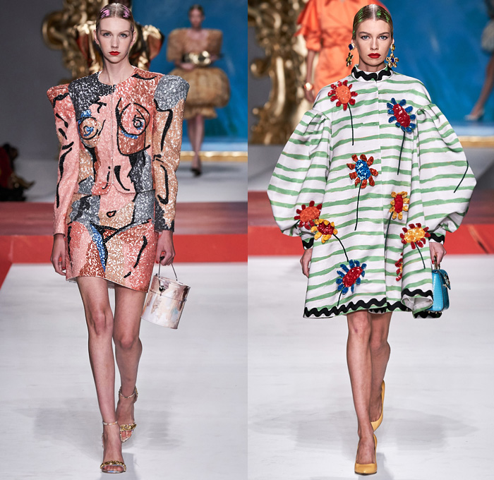 Moschino 2020 Spring Summer Womens Runway Catwalk Looks Collection Jeremy Scott - Milano Moda Donna Collezione Milan Fashion Week Italy - Pablo Picasso Art Paintings Geometric Stripes Flowers Polka Dots Bullfighter Torera Matador Mouse Ears Leg O'Mutton Shoulders Poufy Sleeves Crop Top Trompe L'oeil Bass Violin Guitar Frame Ruffles Opera Gloves Strapless Asymmetrical Dress Skeleton Gown Bedazzled Sequins Gems Tulle Veil Puff Ball Skirt Swimwear Velvet Mask Pantsuit Hand Bag