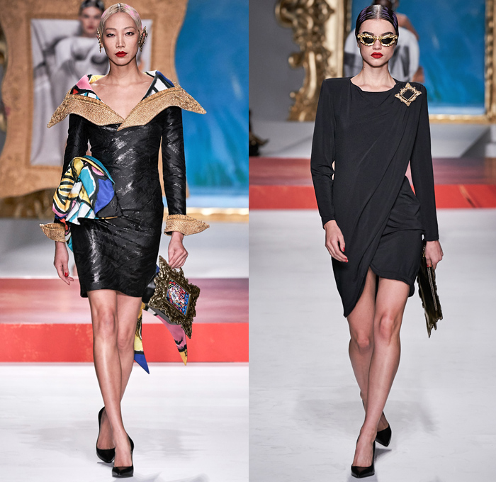 Moschino 2020 Spring Summer Womens Runway Catwalk Looks Collection Jeremy Scott - Milano Moda Donna Collezione Milan Fashion Week Italy - Pablo Picasso Art Paintings Geometric Stripes Flowers Polka Dots Bullfighter Torera Matador Mouse Ears Leg O'Mutton Shoulders Poufy Sleeves Crop Top Trompe L'oeil Bass Violin Guitar Frame Ruffles Opera Gloves Strapless Asymmetrical Dress Skeleton Gown Bedazzled Sequins Gems Tulle Veil Puff Ball Skirt Swimwear Velvet Mask Pantsuit Hand Bag