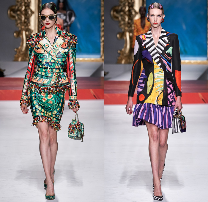 Moschino 2020 Spring Summer Womens Runway Catwalk Looks Collection Jeremy Scott - Milano Moda Donna Collezione Milan Fashion Week Italy - Pablo Picasso Art Paintings Geometric Stripes Flowers Polka Dots Bullfighter Torera Matador Mouse Ears Leg O'Mutton Shoulders Poufy Sleeves Crop Top Trompe L'oeil Bass Violin Guitar Frame Ruffles Opera Gloves Strapless Asymmetrical Dress Skeleton Gown Bedazzled Sequins Gems Tulle Veil Puff Ball Skirt Swimwear Velvet Mask Pantsuit Hand Bag