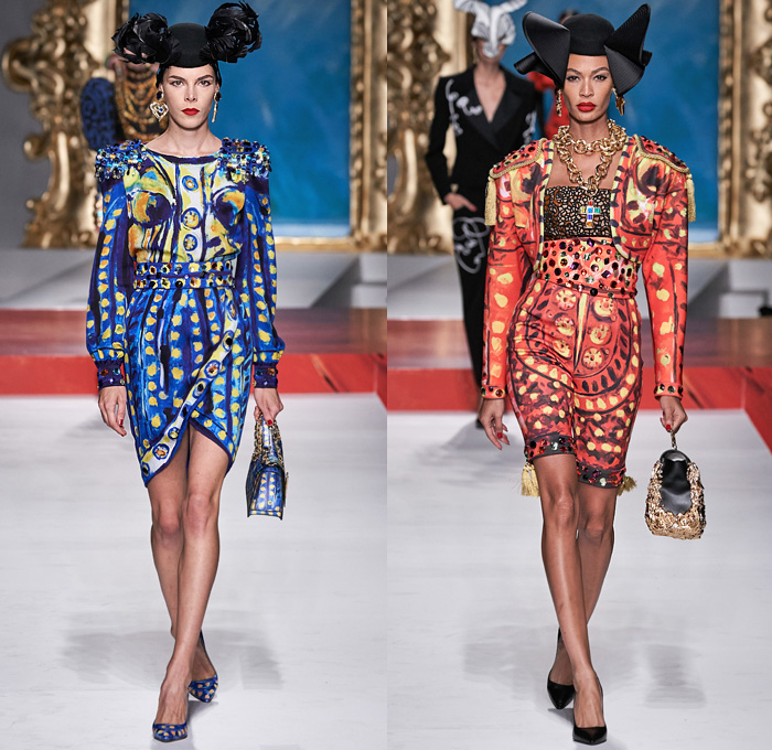 Moschino 2020 Spring Summer Womens Runway Catwalk Looks Collection Jeremy Scott - Milano Moda Donna Collezione Milan Fashion Week Italy - Pablo Picasso Art Paintings Geometric Stripes Flowers Polka Dots Bullfighter Torera Matador Mouse Ears Leg O'Mutton Shoulders Poufy Sleeves Crop Top Trompe L'oeil Bass Violin Guitar Frame Ruffles Opera Gloves Strapless Asymmetrical Dress Skeleton Gown Bedazzled Sequins Gems Tulle Veil Puff Ball Skirt Swimwear Velvet Mask Pantsuit Hand Bag