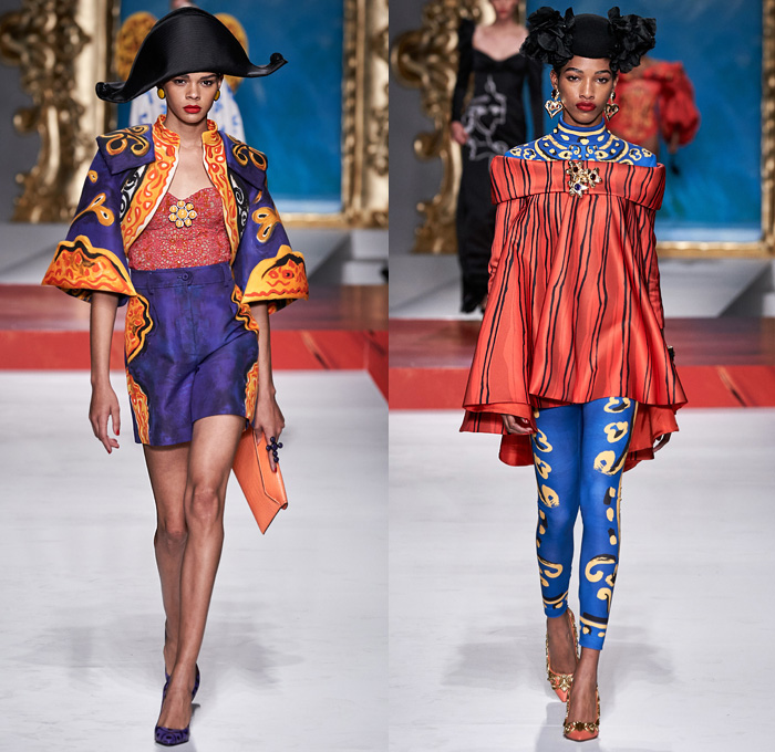 Moschino 2020 Spring Summer Womens Runway Catwalk Looks Collection Jeremy Scott - Milano Moda Donna Collezione Milan Fashion Week Italy - Pablo Picasso Art Paintings Geometric Stripes Flowers Polka Dots Bullfighter Torera Matador Mouse Ears Leg O'Mutton Shoulders Poufy Sleeves Crop Top Trompe L'oeil Bass Violin Guitar Frame Ruffles Opera Gloves Strapless Asymmetrical Dress Skeleton Gown Bedazzled Sequins Gems Tulle Veil Puff Ball Skirt Swimwear Velvet Mask Pantsuit Hand Bag