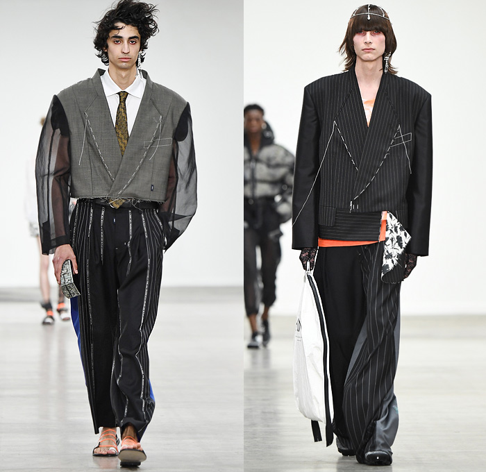 MÜNN by Hyun-min Han 2020 Spring Summer Mens Runway Looks Collection London Fashion Week Mens LFWM - Deconstructed Contrast Stitching Frayed Raw Hem Sheer Tulle Cropped Blazer Bomber Jacket Neck Tie Pinstripe Leaves Foliage Lounge Sleepwear Pajamas Quilted Puffer Bubble Hoodie Parka Trench Coat Poncho Slouchy Cinch Sleeves Drawstring Cargo Utility Pockets Vest Braid Net Mesh Rope Cords Arm Warmers Wide Leg Pants Parachute Shorts Sandals Lips Straw Hat Jewelry Box