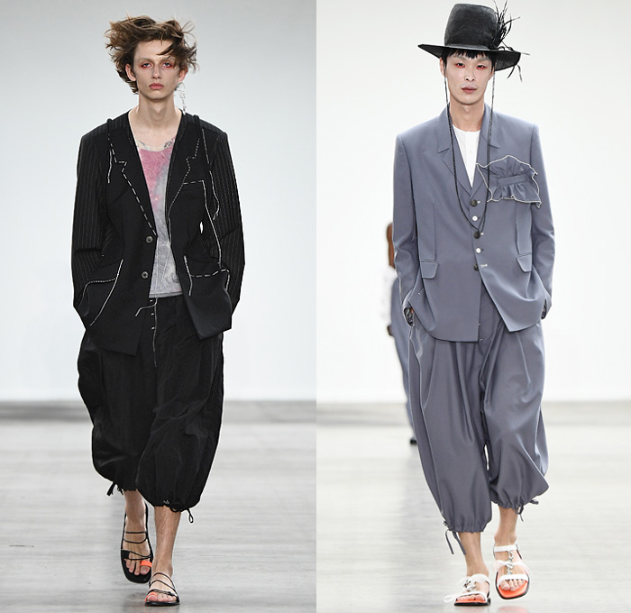 MÜNN by Hyun-min Han 2020 Spring Summer Mens Runway Looks Collection London Fashion Week Mens LFWM - Deconstructed Contrast Stitching Frayed Raw Hem Sheer Tulle Cropped Blazer Bomber Jacket Neck Tie Pinstripe Leaves Foliage Lounge Sleepwear Pajamas Quilted Puffer Bubble Hoodie Parka Trench Coat Poncho Slouchy Cinch Sleeves Drawstring Cargo Utility Pockets Vest Braid Net Mesh Rope Cords Arm Warmers Wide Leg Pants Parachute Shorts Sandals Lips Straw Hat Jewelry Box