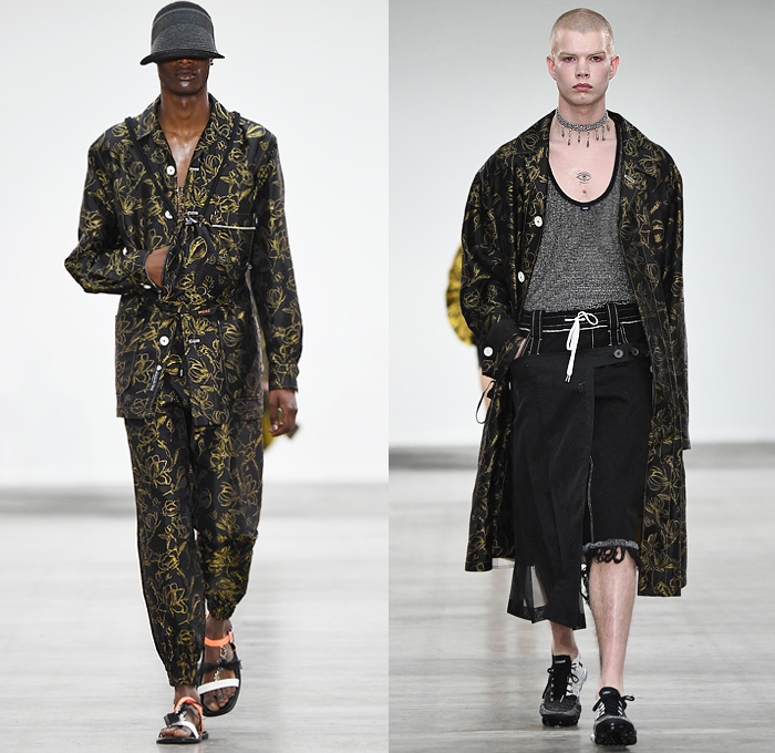 MÜNN by Hyun-min Han 2020 Spring Summer Mens Runway Looks Collection London Fashion Week Mens LFWM - Deconstructed Contrast Stitching Frayed Raw Hem Sheer Tulle Cropped Blazer Bomber Jacket Neck Tie Pinstripe Leaves Foliage Lounge Sleepwear Pajamas Quilted Puffer Bubble Hoodie Parka Trench Coat Poncho Slouchy Cinch Sleeves Drawstring Cargo Utility Pockets Vest Braid Net Mesh Rope Cords Arm Warmers Wide Leg Pants Parachute Shorts Sandals Lips Straw Hat Jewelry Box