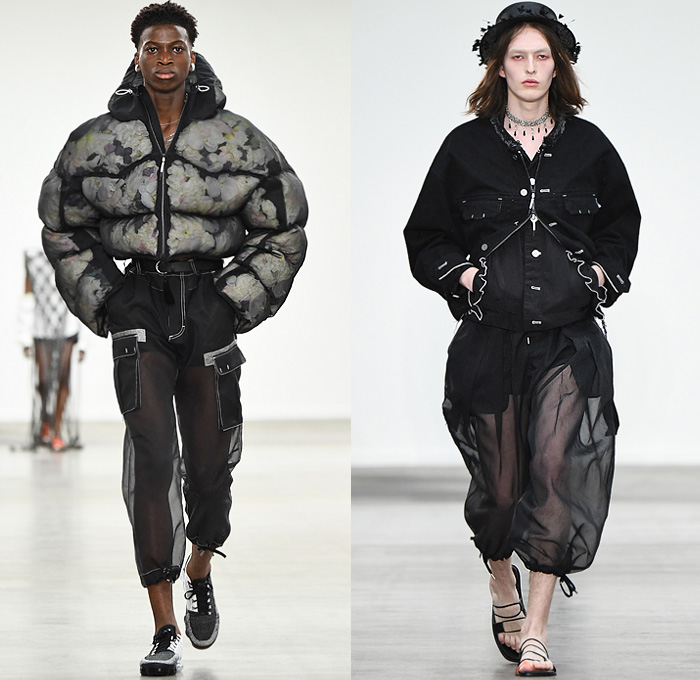 MÜNN by Hyun-min Han 2020 Spring Summer Mens Runway Looks Collection London Fashion Week Mens LFWM - Deconstructed Contrast Stitching Frayed Raw Hem Sheer Tulle Cropped Blazer Bomber Jacket Neck Tie Pinstripe Leaves Foliage Lounge Sleepwear Pajamas Quilted Puffer Bubble Hoodie Parka Trench Coat Poncho Slouchy Cinch Sleeves Drawstring Cargo Utility Pockets Vest Braid Net Mesh Rope Cords Arm Warmers Wide Leg Pants Parachute Shorts Sandals Lips Straw Hat Jewelry Box