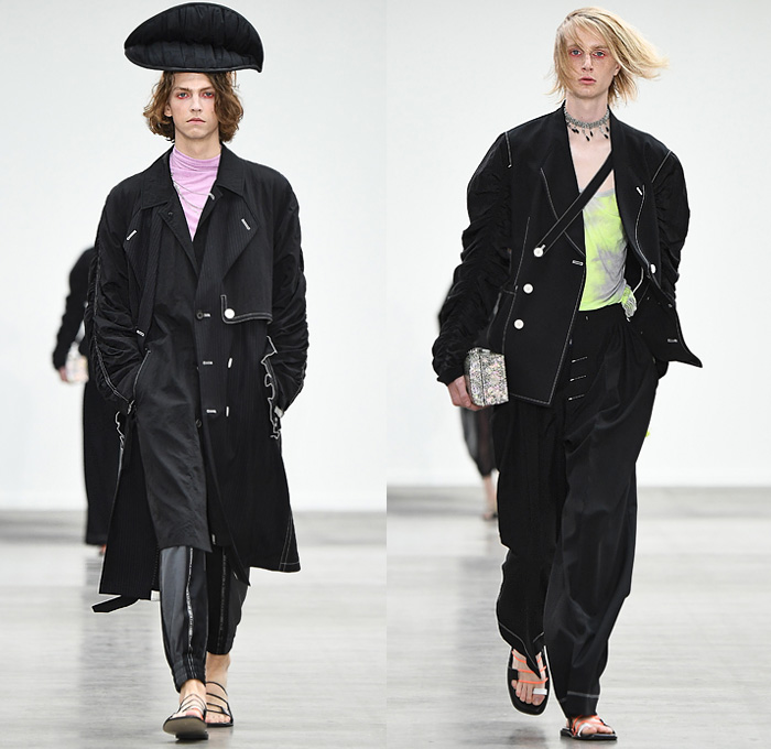 MÜNN by Hyun-min Han 2020 Spring Summer Mens Runway Looks Collection London Fashion Week Mens LFWM - Deconstructed Contrast Stitching Frayed Raw Hem Sheer Tulle Cropped Blazer Bomber Jacket Neck Tie Pinstripe Leaves Foliage Lounge Sleepwear Pajamas Quilted Puffer Bubble Hoodie Parka Trench Coat Poncho Slouchy Cinch Sleeves Drawstring Cargo Utility Pockets Vest Braid Net Mesh Rope Cords Arm Warmers Wide Leg Pants Parachute Shorts Sandals Lips Straw Hat Jewelry Box