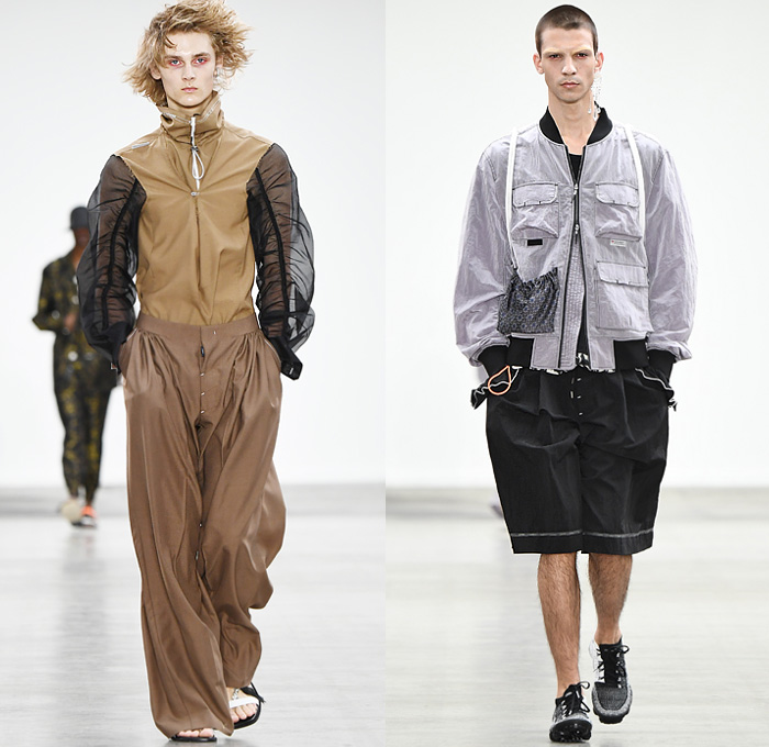 MÜNN by Hyun-min Han 2020 Spring Summer Mens Runway Looks Collection London Fashion Week Mens LFWM - Deconstructed Contrast Stitching Frayed Raw Hem Sheer Tulle Cropped Blazer Bomber Jacket Neck Tie Pinstripe Leaves Foliage Lounge Sleepwear Pajamas Quilted Puffer Bubble Hoodie Parka Trench Coat Poncho Slouchy Cinch Sleeves Drawstring Cargo Utility Pockets Vest Braid Net Mesh Rope Cords Arm Warmers Wide Leg Pants Parachute Shorts Sandals Lips Straw Hat Jewelry Box