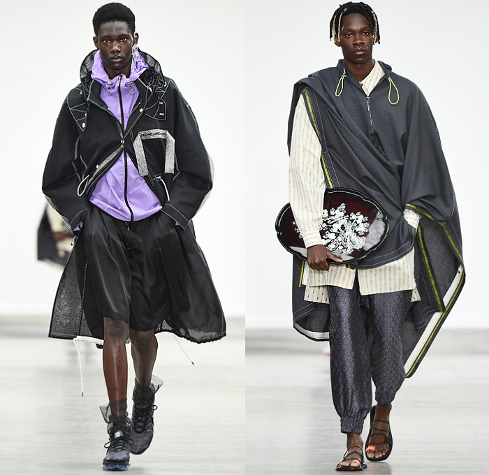 MÜNN by Hyun-min Han 2020 Spring Summer Mens Runway Looks Collection London Fashion Week Mens LFWM - Deconstructed Contrast Stitching Frayed Raw Hem Sheer Tulle Cropped Blazer Bomber Jacket Neck Tie Pinstripe Leaves Foliage Lounge Sleepwear Pajamas Quilted Puffer Bubble Hoodie Parka Trench Coat Poncho Slouchy Cinch Sleeves Drawstring Cargo Utility Pockets Vest Braid Net Mesh Rope Cords Arm Warmers Wide Leg Pants Parachute Shorts Sandals Lips Straw Hat Jewelry Box