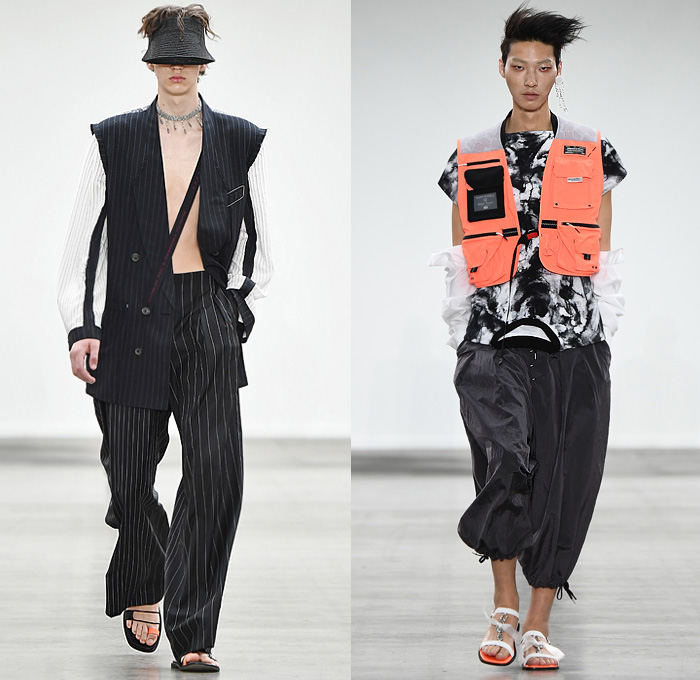 MÜNN by Hyun-min Han 2020 Spring Summer Mens Runway Looks Collection London Fashion Week Mens LFWM - Deconstructed Contrast Stitching Frayed Raw Hem Sheer Tulle Cropped Blazer Bomber Jacket Neck Tie Pinstripe Leaves Foliage Lounge Sleepwear Pajamas Quilted Puffer Bubble Hoodie Parka Trench Coat Poncho Slouchy Cinch Sleeves Drawstring Cargo Utility Pockets Vest Braid Net Mesh Rope Cords Arm Warmers Wide Leg Pants Parachute Shorts Sandals Lips Straw Hat Jewelry Box