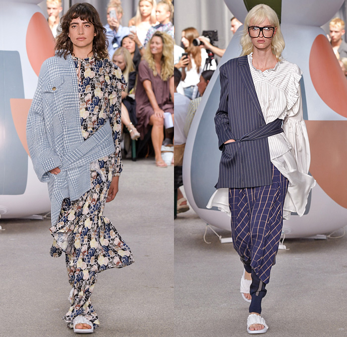 Munthe 2020 Spring Summer Womens Runway Catwalk Looks Collection - Copenhagen Fashion Week Denmark CPHFW København - Deconstructed Layers Mix Twists Tied Roll Up Wrap Knot Knit Sweater Belts Shirtdress Snakeskin Geometric Faces Doodles Drawings Silk Satin Plaid Check Pinstripe Bomber Jacket Noodle Strap Dress Ruffles Sweatshirt Hoodie Coat Robe Draped Pantsuit Crop Top One Shoulder Denim Jeans Wide Leg Shorts Mullet High-Low Waterfall Hem Train Square Glasses Sandals Trainers