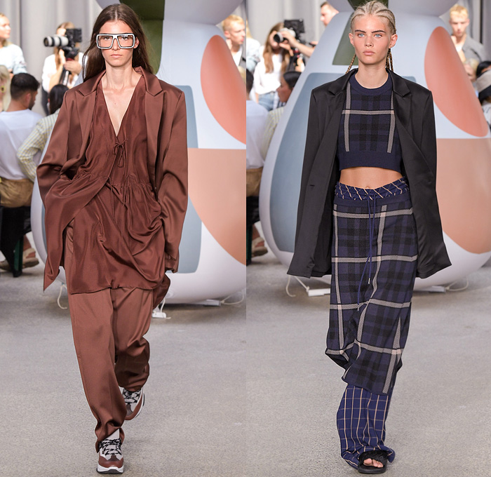 Munthe 2020 Spring Summer Womens Runway Catwalk Looks Collection - Copenhagen Fashion Week Denmark CPHFW København - Deconstructed Layers Mix Twists Tied Roll Up Wrap Knot Knit Sweater Belts Shirtdress Snakeskin Geometric Faces Doodles Drawings Silk Satin Plaid Check Pinstripe Bomber Jacket Noodle Strap Dress Ruffles Sweatshirt Hoodie Coat Robe Draped Pantsuit Crop Top One Shoulder Denim Jeans Wide Leg Shorts Mullet High-Low Waterfall Hem Train Square Glasses Sandals Trainers