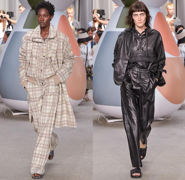 Munthe 2020 Spring Summer Womens Runway Catwalk Looks Collection - Copenhagen Fashion Week Denmark CPHFW København - Deconstructed Layers Mix Twists Tied Roll Up Wrap Knot Knit Sweater Belts Shirtdress Snakeskin Geometric Faces Doodles Drawings Silk Satin Plaid Check Pinstripe Bomber Jacket Noodle Strap Dress Ruffles Sweatshirt Hoodie Coat Robe Draped Pantsuit Crop Top One Shoulder Denim Jeans Wide Leg Shorts Mullet High-Low Waterfall Hem Train Square Glasses Sandals Trainers