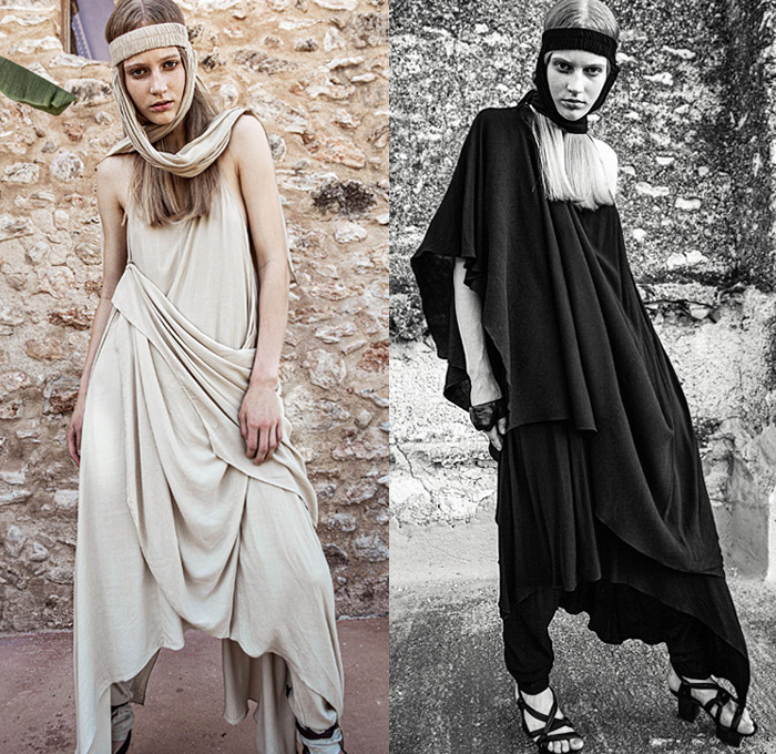 Nicholas K 2020 Spring Summer Womens Lookbook Presentation - New York Fashion Week NYFW - Monastic Slouchy Draped Wrap Headband Hand-Dyed Abstract Tearaway Snap Buttons Elongated Hem Blouse Tunic Maxi Dress Furisode Sleeves Cutout Shoulders Cape Robe Shawl Sleeveless Crop Top Long Skirt Cargo Pockets Chiffon Tulle Cinch Pleats  Open Toe Gladiator Clog Heels