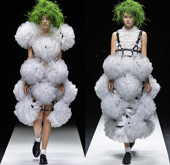 Noir Kei Ninomiya 2020 Spring Summer Womens Runway Catwalk Looks Collection - Mode à Paris Fashion Week France - Sculpture Cocoon Clouds Sheer Tulle Ruffles Tiered Furry Spikes Broccoli Grass Headwear Coral Mask Trompe L'oeil Lace Embroidery Needlework Flowers Floral Leaves Foliage Harness Straps Belts Pussycat Bow Ribbons Fringes Loops Mesh Shrub Perforated Racing Check Poufy Shoulders Pinafore Dress  Pins Needles Chandelier Gown Hoodie Trench Coat Motorcycle Biker Leather Jacket 