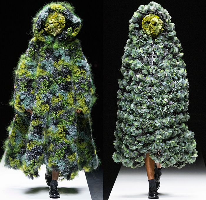 Noir Kei Ninomiya 2020 Spring Summer Womens Runway Catwalk Looks Collection - Mode à Paris Fashion Week France - Sculpture Cocoon Clouds Sheer Tulle Ruffles Tiered Furry Spikes Broccoli Grass Headwear Coral Mask Trompe L'oeil Lace Embroidery Needlework Flowers Floral Leaves Foliage Harness Straps Belts Pussycat Bow Ribbons Fringes Loops Mesh Shrub Perforated Racing Check Poufy Shoulders Pinafore Dress  Pins Needles Chandelier Gown Hoodie Trench Coat Motorcycle Biker Leather Jacket 