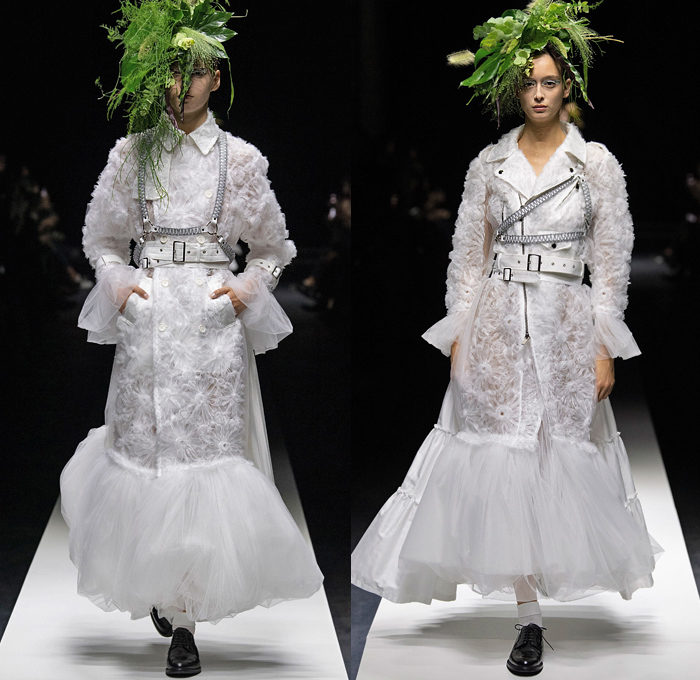 Noir Kei Ninomiya 2020 Spring Summer Womens Runway Catwalk Looks Collection - Mode à Paris Fashion Week France - Sculpture Cocoon Clouds Sheer Tulle Ruffles Tiered Furry Spikes Broccoli Grass Headwear Coral Mask Trompe L'oeil Lace Embroidery Needlework Flowers Floral Leaves Foliage Harness Straps Belts Pussycat Bow Ribbons Fringes Loops Mesh Shrub Perforated Racing Check Poufy Shoulders Pinafore Dress  Pins Needles Chandelier Gown Hoodie Trench Coat Motorcycle Biker Leather Jacket 