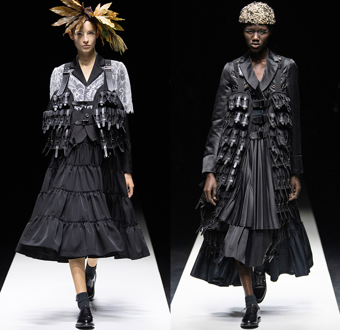 Noir Kei Ninomiya 2020 Spring Summer Womens Runway Catwalk Looks Collection - Mode à Paris Fashion Week France - Sculpture Cocoon Clouds Sheer Tulle Ruffles Tiered Furry Spikes Broccoli Grass Headwear Coral Mask Trompe L'oeil Lace Embroidery Needlework Flowers Floral Leaves Foliage Harness Straps Belts Pussycat Bow Ribbons Fringes Loops Mesh Shrub Perforated Racing Check Poufy Shoulders Pinafore Dress  Pins Needles Chandelier Gown Hoodie Trench Coat Motorcycle Biker Leather Jacket 