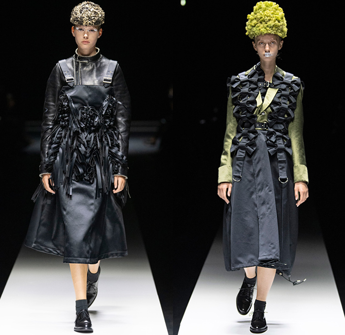 Noir Kei Ninomiya 2020 Spring Summer Womens Runway Catwalk Looks Collection - Mode à Paris Fashion Week France - Sculpture Cocoon Clouds Sheer Tulle Ruffles Tiered Furry Spikes Broccoli Grass Headwear Coral Mask Trompe L'oeil Lace Embroidery Needlework Flowers Floral Leaves Foliage Harness Straps Belts Pussycat Bow Ribbons Fringes Loops Mesh Shrub Perforated Racing Check Poufy Shoulders Pinafore Dress  Pins Needles Chandelier Gown Hoodie Trench Coat Motorcycle Biker Leather Jacket 