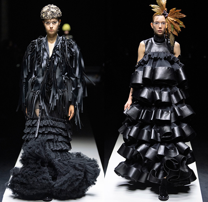 Noir Kei Ninomiya 2020 Spring Summer Womens Runway Catwalk Looks Collection - Mode à Paris Fashion Week France - Sculpture Cocoon Clouds Sheer Tulle Ruffles Tiered Furry Spikes Broccoli Grass Headwear Coral Mask Trompe L'oeil Lace Embroidery Needlework Flowers Floral Leaves Foliage Harness Straps Belts Pussycat Bow Ribbons Fringes Loops Mesh Shrub Perforated Racing Check Poufy Shoulders Pinafore Dress  Pins Needles Chandelier Gown Hoodie Trench Coat Motorcycle Biker Leather Jacket 