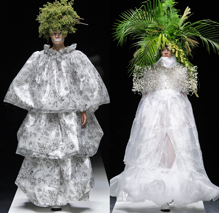 Noir Kei Ninomiya 2020 Spring Summer Womens Runway Catwalk Looks Collection - Mode à Paris Fashion Week France - Sculpture Cocoon Clouds Sheer Tulle Ruffles Tiered Furry Spikes Broccoli Grass Headwear Coral Mask Trompe L'oeil Lace Embroidery Needlework Flowers Floral Leaves Foliage Harness Straps Belts Pussycat Bow Ribbons Fringes Loops Mesh Shrub Perforated Racing Check Poufy Shoulders Pinafore Dress  Pins Needles Chandelier Gown Hoodie Trench Coat Motorcycle Biker Leather Jacket 
